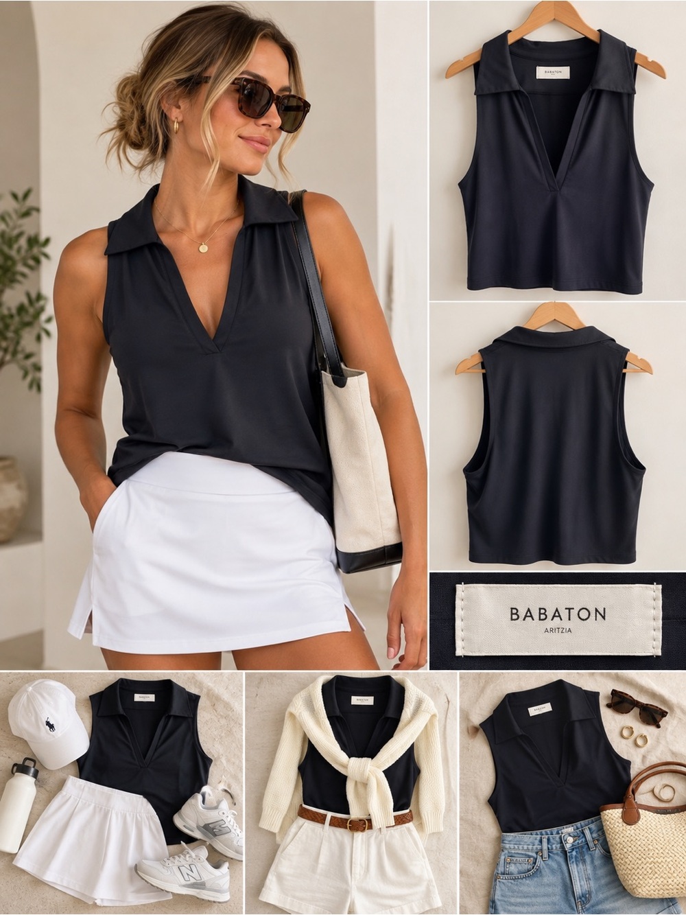 Babaton Navy Collared V-Neck Crop Top